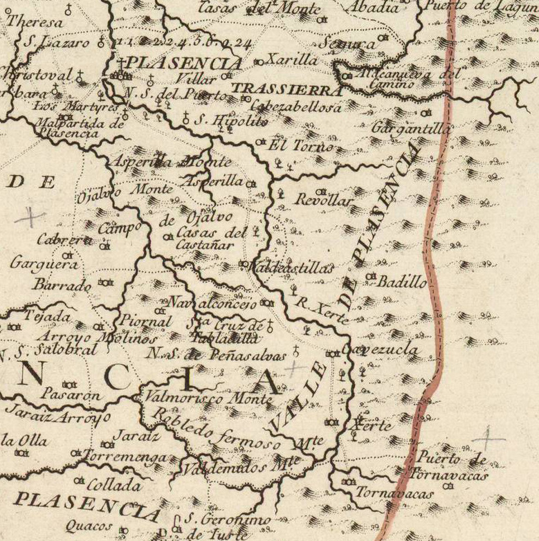 Mapa que muestra a Casas del Castañar como Asperillas en 1766.